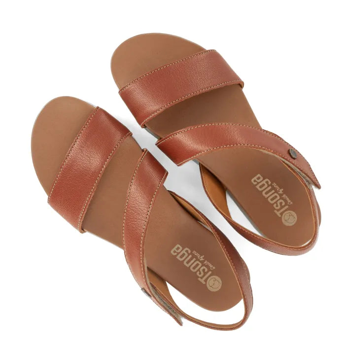 Pair of brown sandals with 'Tsonga' branding on a white background