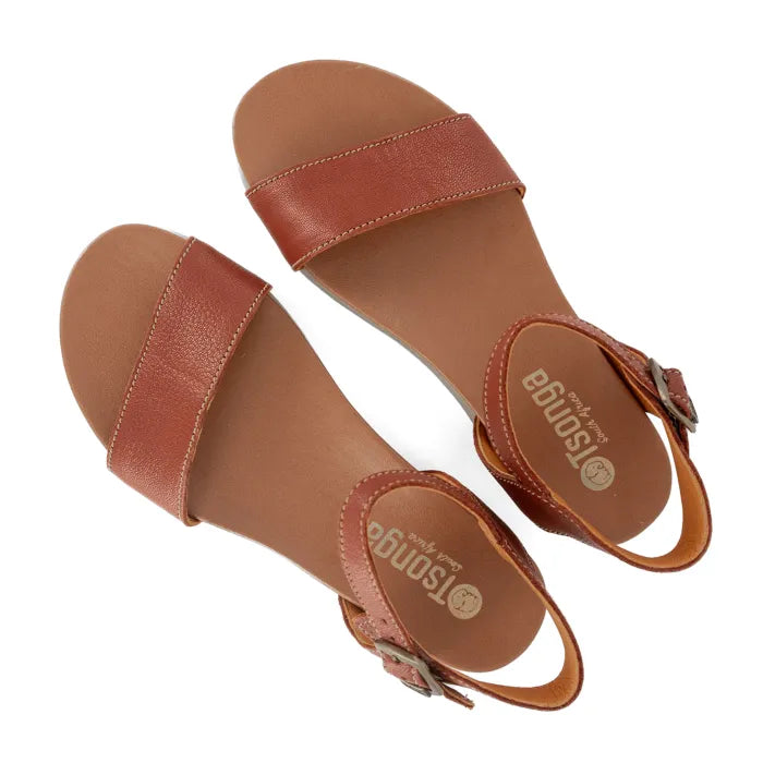 Pair of brown sandals with 'Tsonga' branding on a white background