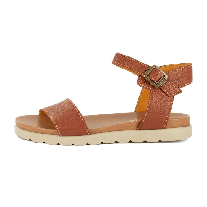 Brown sandal with a strap and buckle on a white background