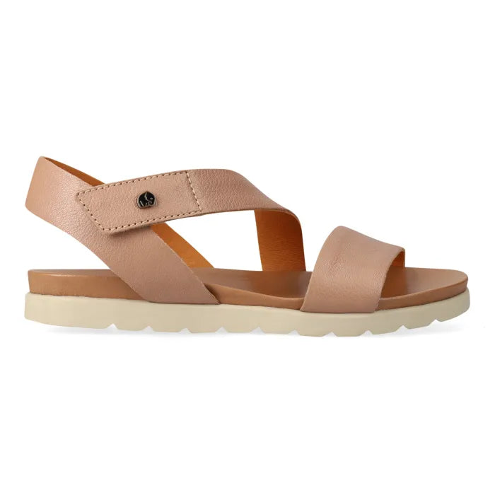 Beige sandal with a off-white sole on a white background