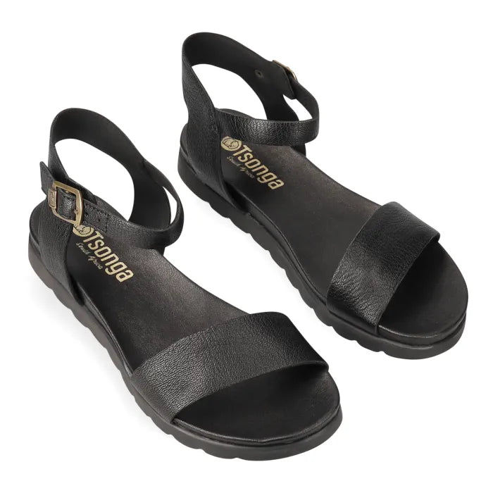 Black sandals with a strap design on a white background
