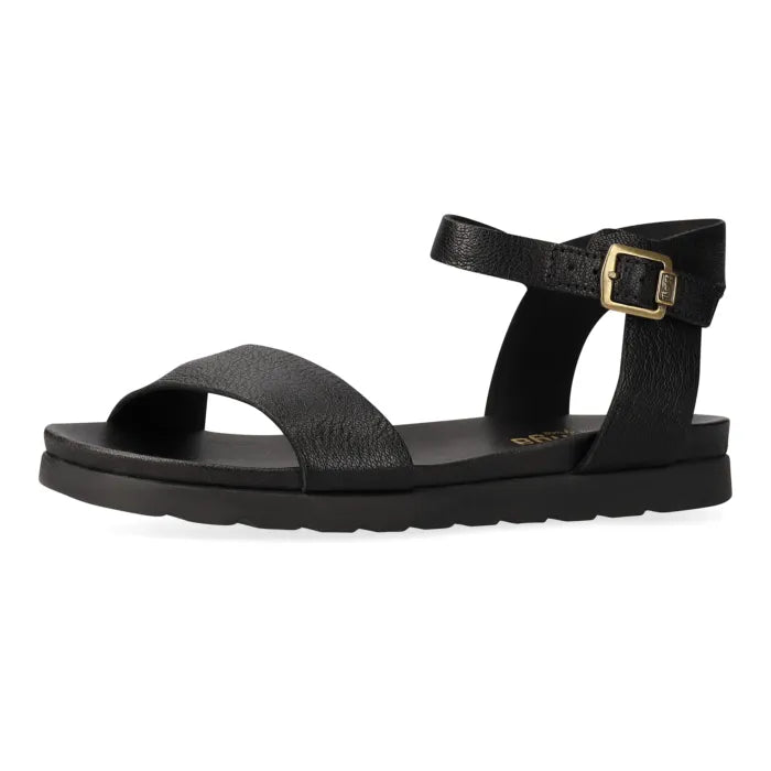 Black sandal with a gold buckle on a white background