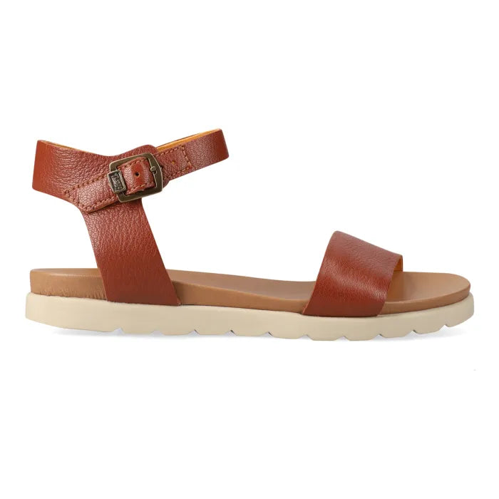 Brown sandal with ankle strap.