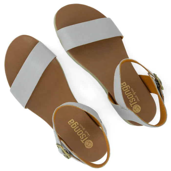Pair of sandals with grey straps on a white background