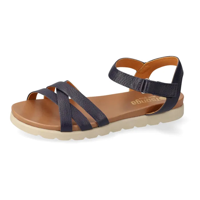 Navy sandals on off-white soles on a white background
