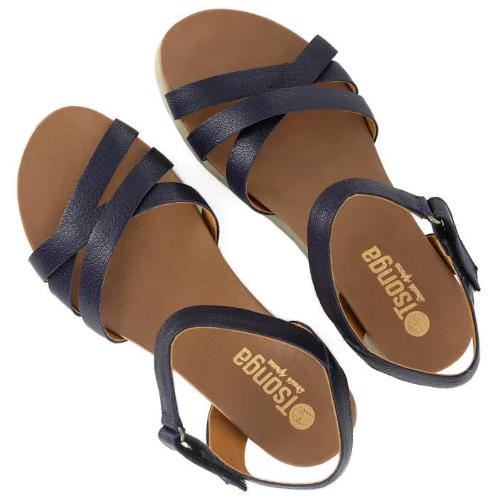 Pair of navy sandals on a white background