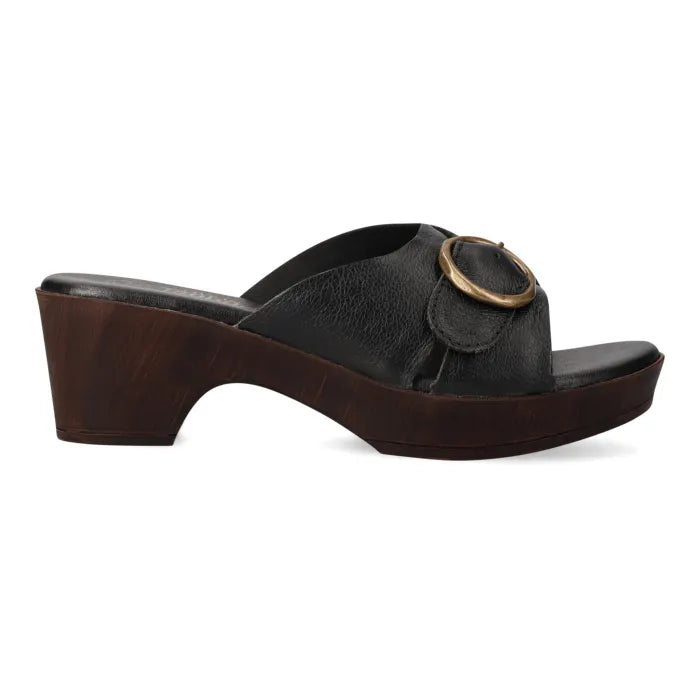 A single black leather slide sandal with a dark brown wooden platform and block heel, featuring a gold-tone metal ring detail on the strap, shown against a plain white background.