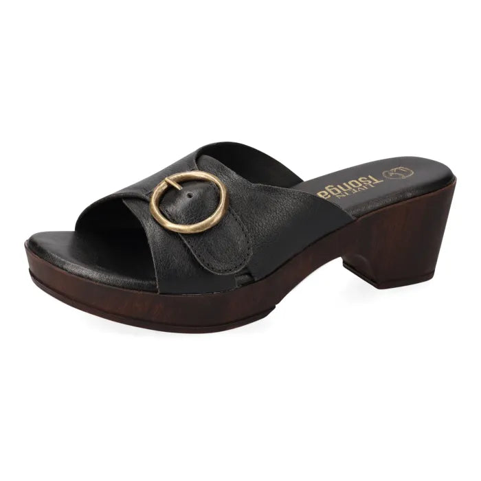 A single black leather slide sandal with a dark brown wooden platform and block heel, featuring a gold-tone metal ring detail on the upper strap. The brand name 'Tsonga' is printed in gold on the insole.