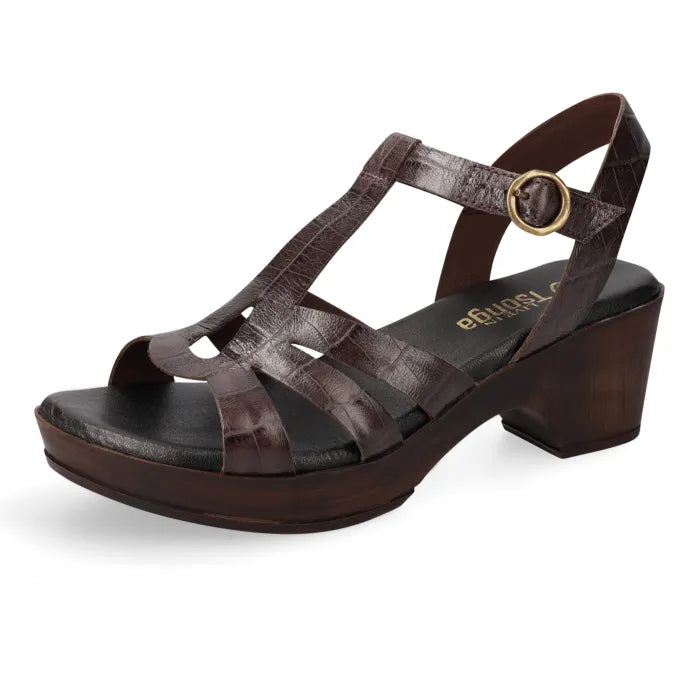 A dark brown strappy wedge sandal with an ankle strap and gold-tone buckle, shown from a three-quarters angle on a white background.
