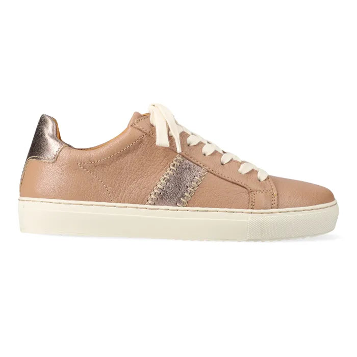 Beige sneaker with white laces on a white background