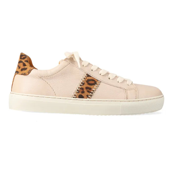 Beige sneaker with leopard print accents on a white background