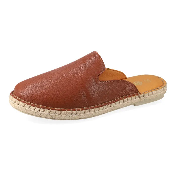 Brown leather espadrille mule on a white background