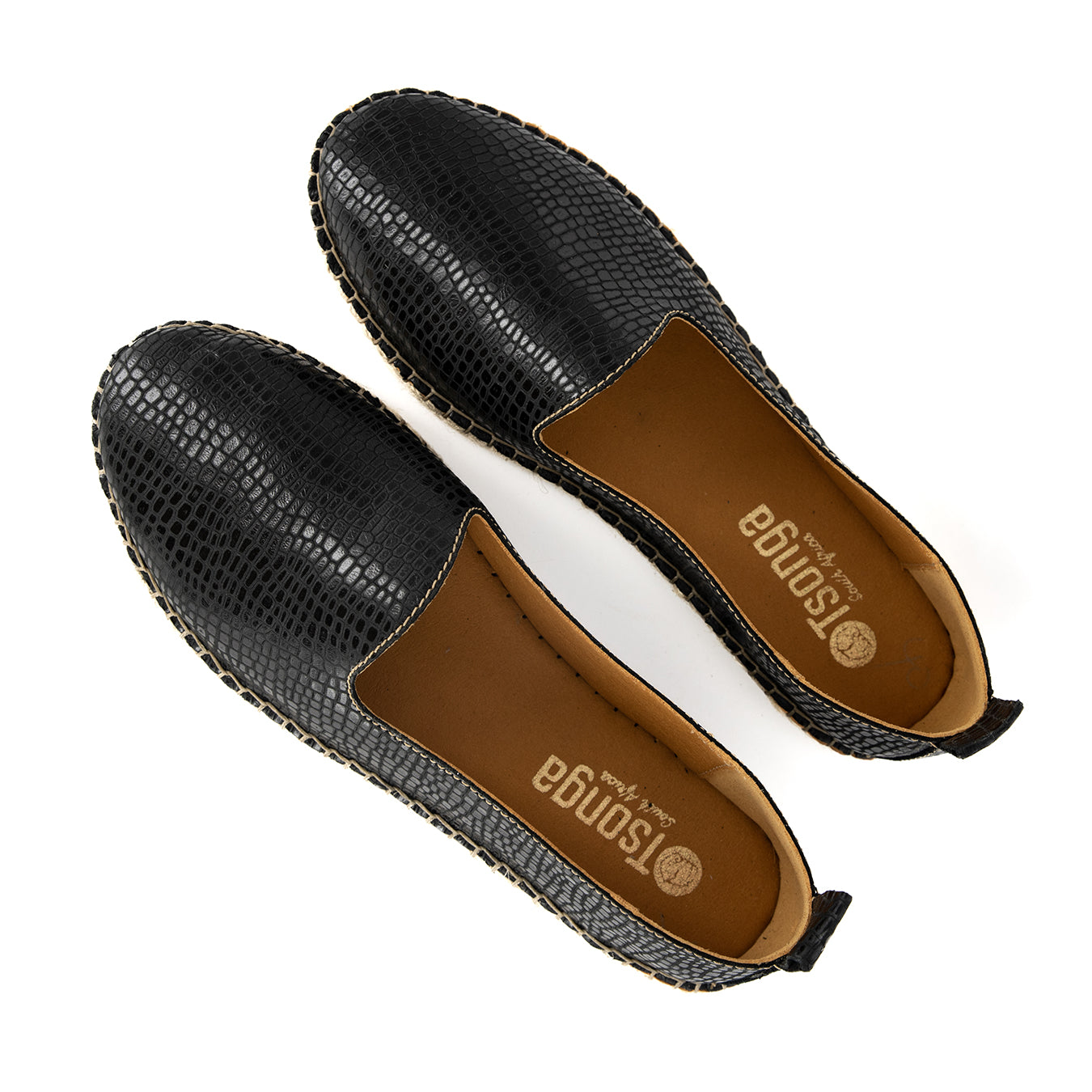 Indzima : Ladies Leather Espadrille Shoe in Black Coco