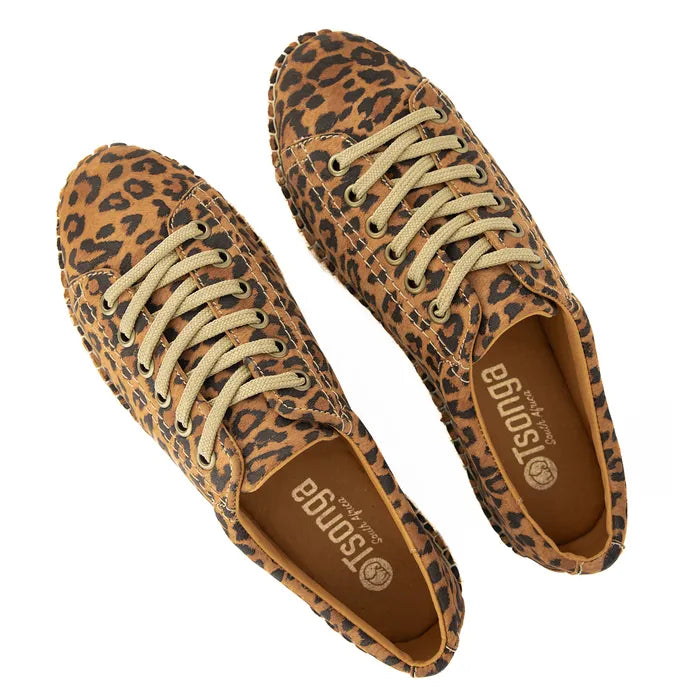 Leopard print shoes with beige laces on a white background