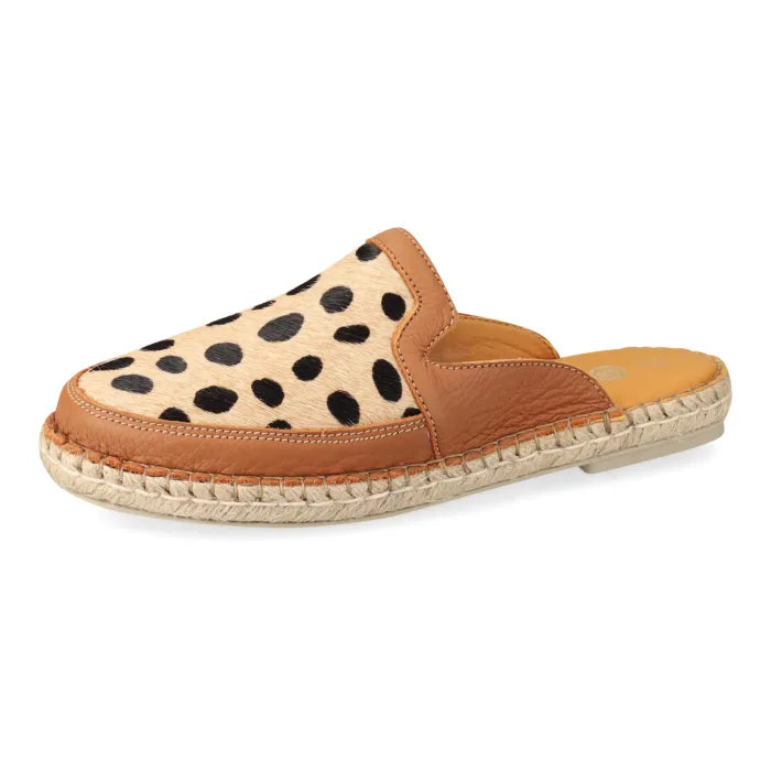 Spotted print espadrille mule on a white background