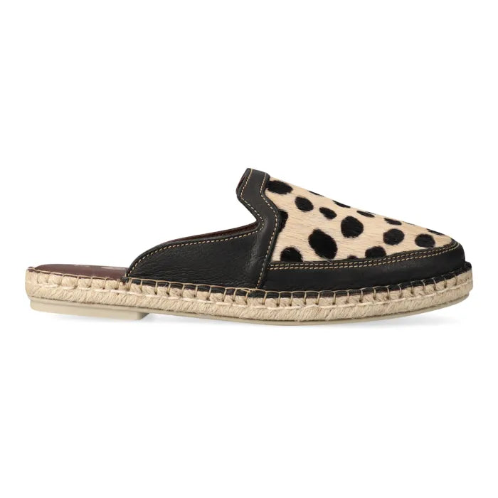 Black and beige espadrille mule with spotted printe pattern on a white background