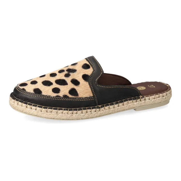 Spotted print slip-on shoe with jute sole on a white background