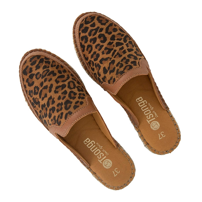 Pair of leopard print mules on a white background