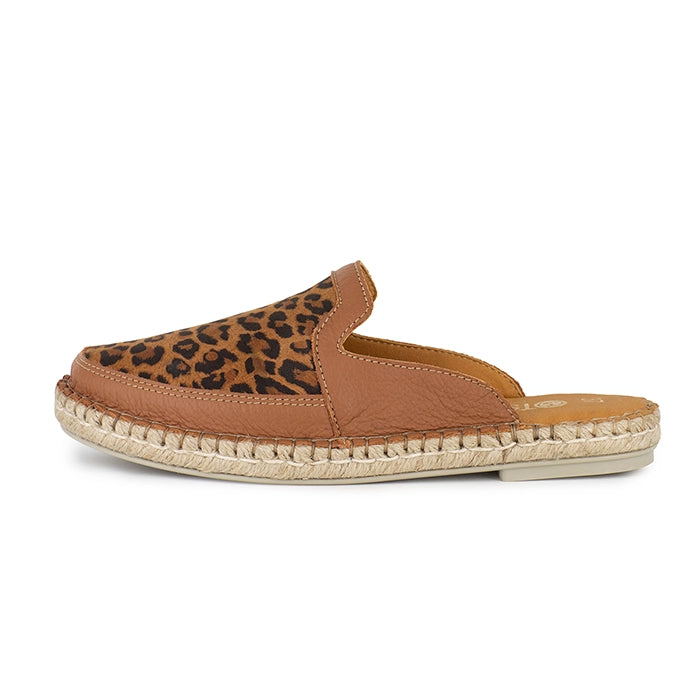 Brown mule with leopard print strap on a white background