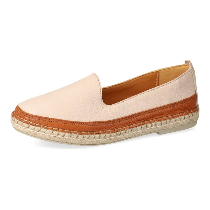 Beige espadrille shoe with brown trim on a white background