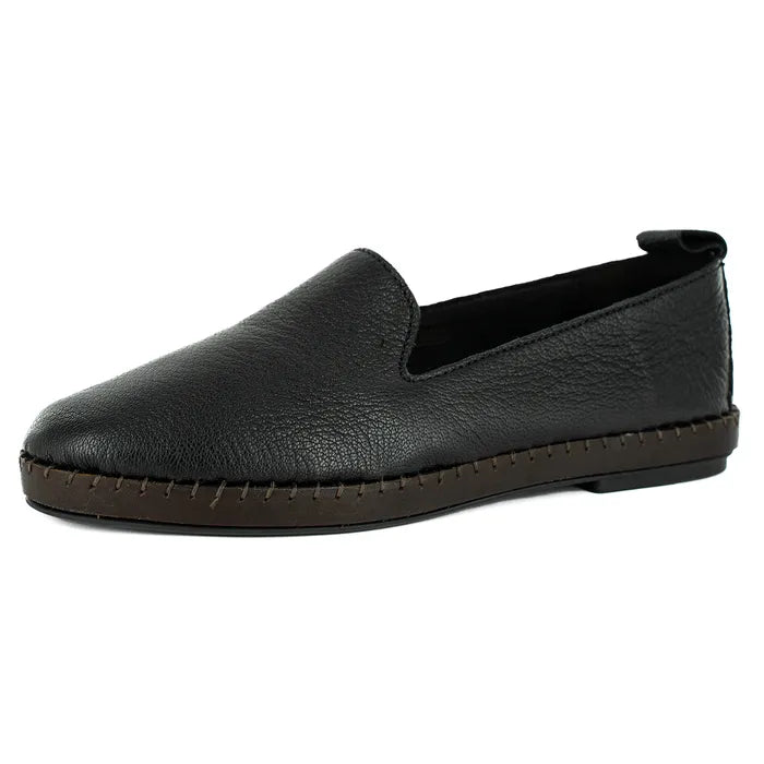 Black leather loafer shoe on a white background