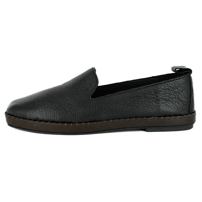 Black leather loafer shoe on a white background