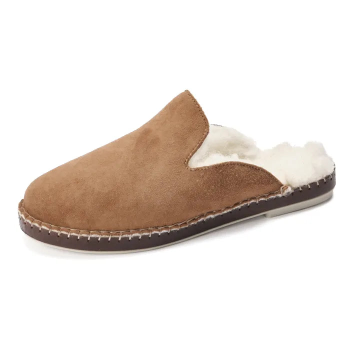 Brown slipper with white lining on a white background