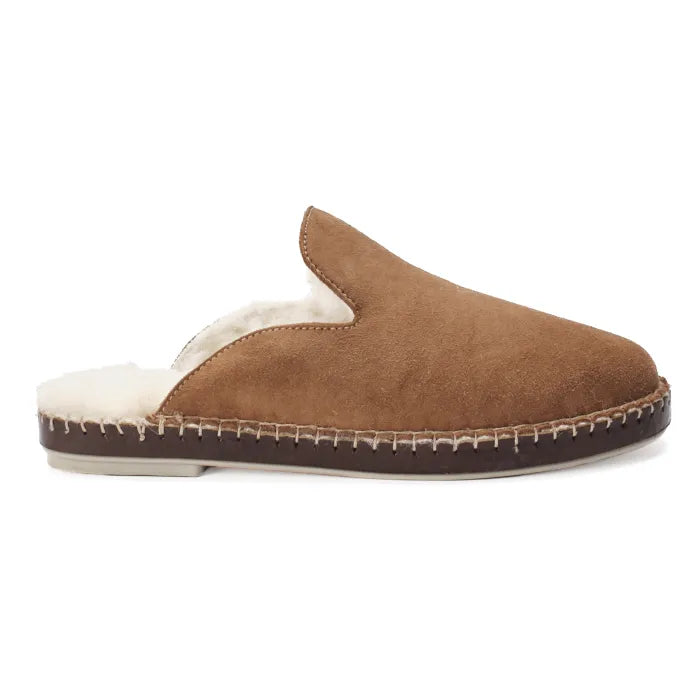 Brown slipper with white lining on a white background