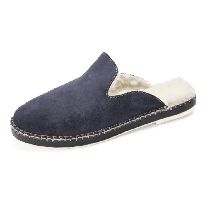 Navy slipper with white lining on a white background