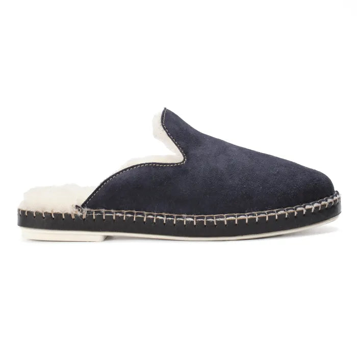Navy slipper with white lining on a white background