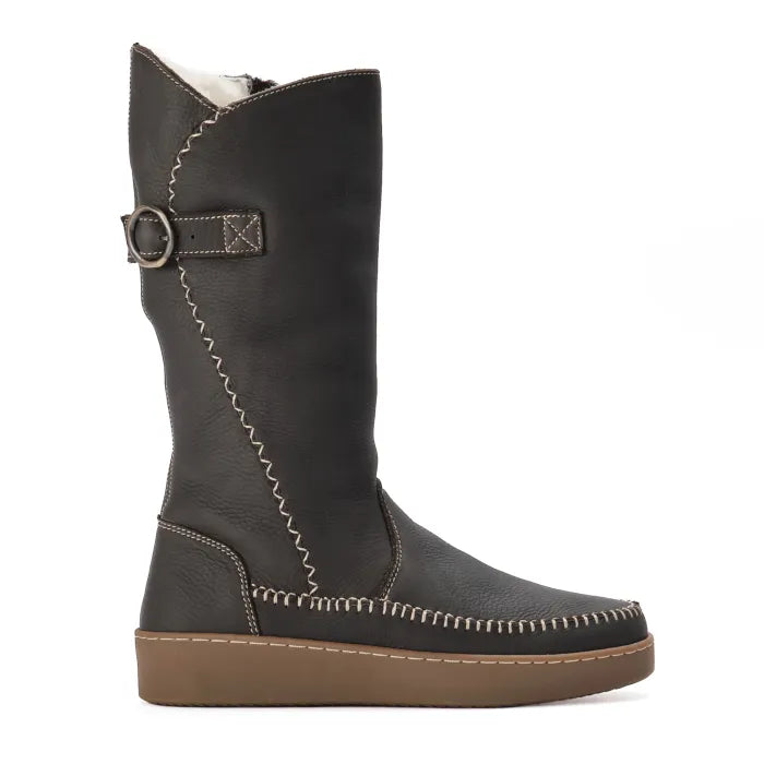 Choc leather boot with brown sole on a white background