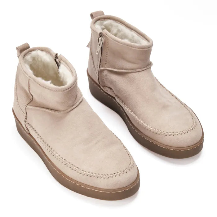 Pair of beige suede ankle boots with white fur lining on a white background