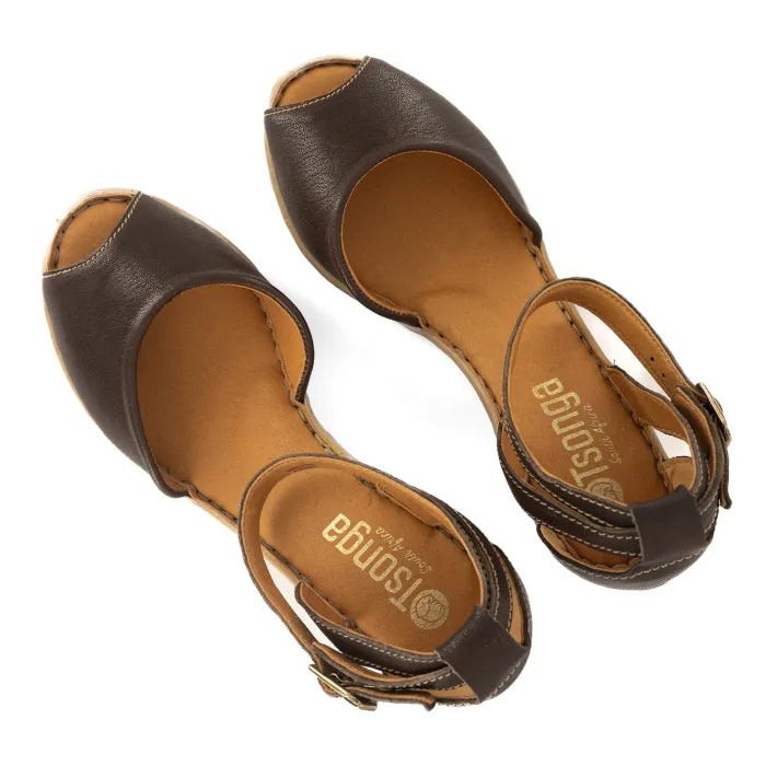 Pair of brown open-toe sandals with 'Tsonga' branding on a white background