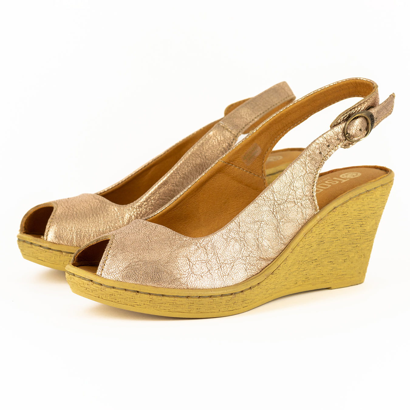 Zangemuva : Ladies Leather Peep-Toe High-Heel Wedge Sandal in Gold