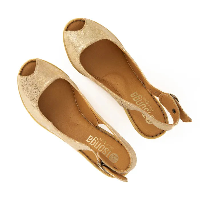 Pair of gold open-toe shoes with 'Tsonga' branding on a white background