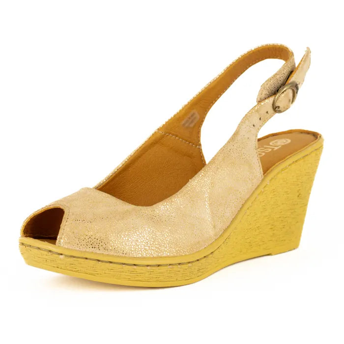 Gold wedge sandal with open toe on a white background