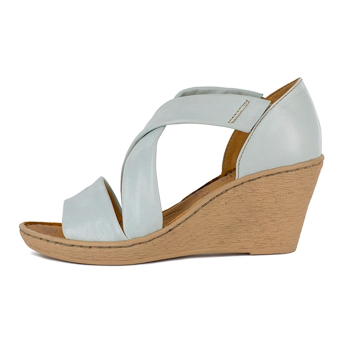 Pale blue wedge sandal with a beige sole on a white background