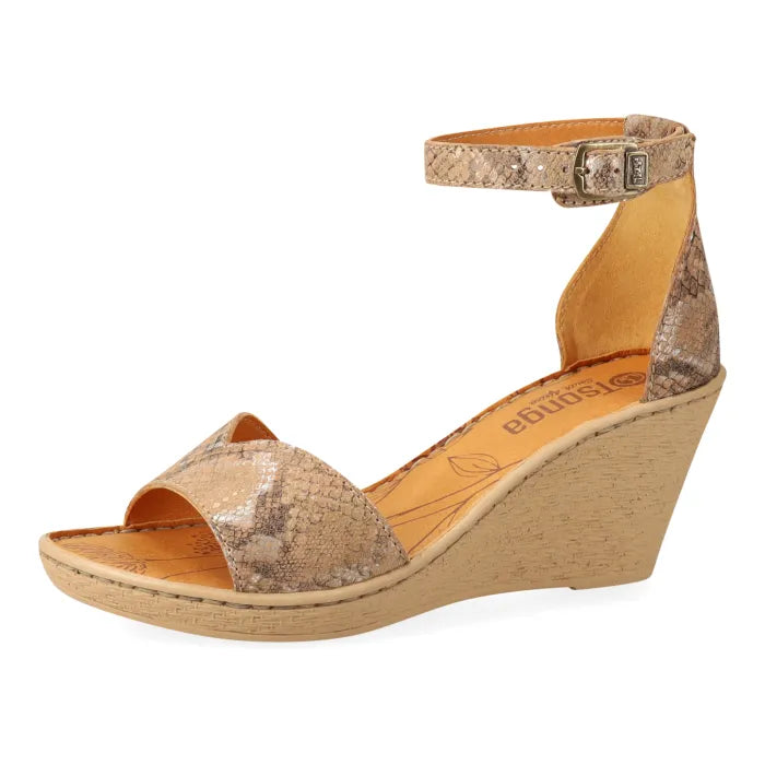 Tan wedge sandal with snake print on a white background