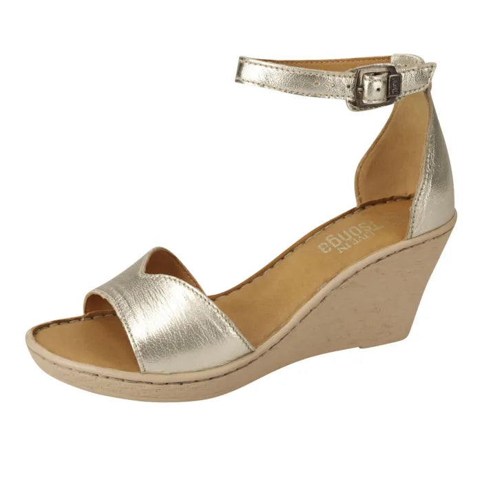 A single metallic gold wedge sandal with an ankle strap and open toe, shown from a side profile on a white background.
