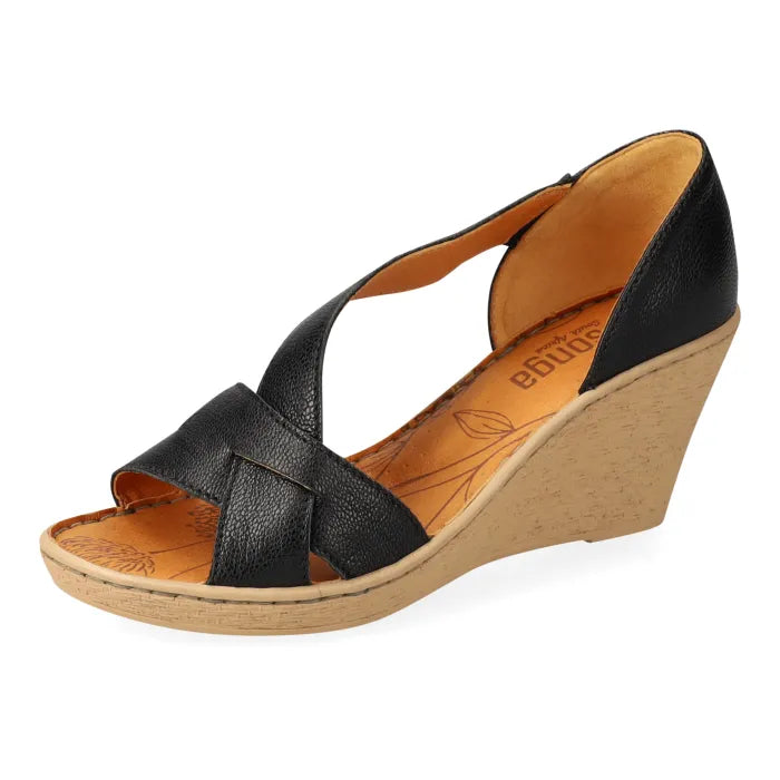 Black wedge sandal with beige sole on a white background