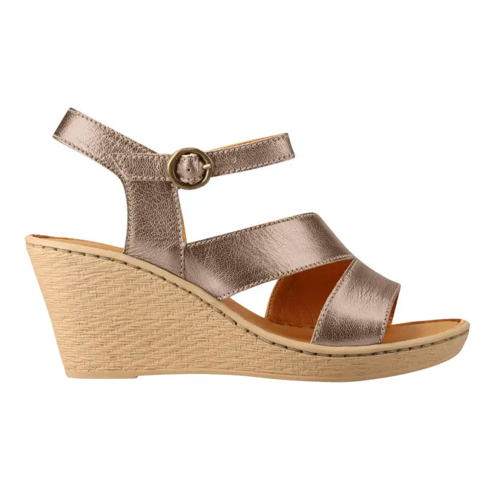 A metallic gold wedge sandal with a cutout toe, ankle strap, and tan insole, shown against a plain white background.