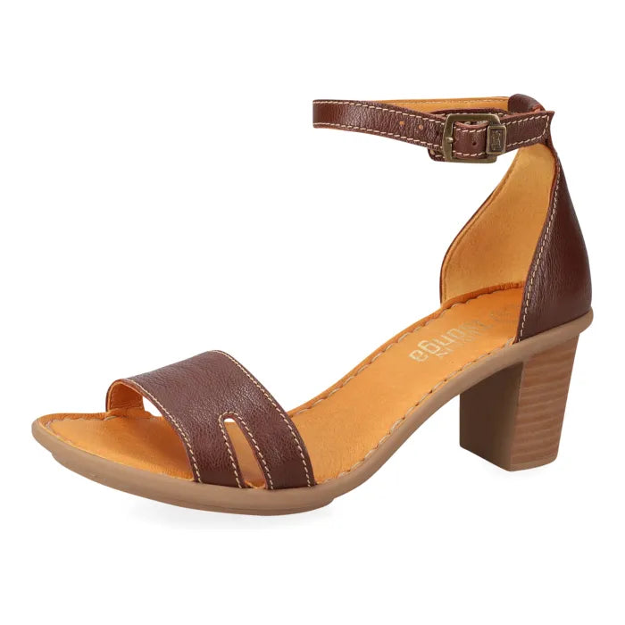 A women's brown leather block-heel sandal with an ankle strap and cutout toe straps, shown from a side profile on a white background.