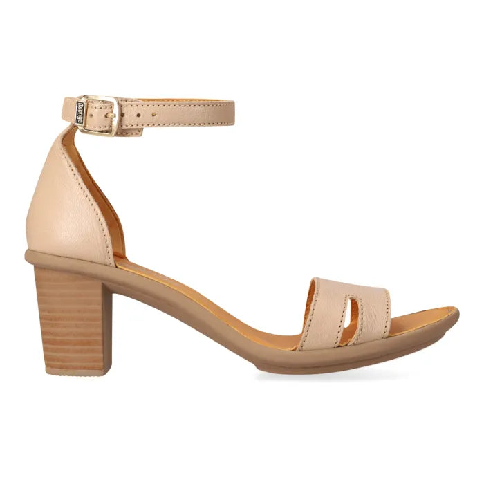 A single women's block-heel sandal in a light tan/beige color, featuring a low block heel, double cutout straps, and an adjustable ankle strap with a silver-tone buckle, shown against a plain white background.