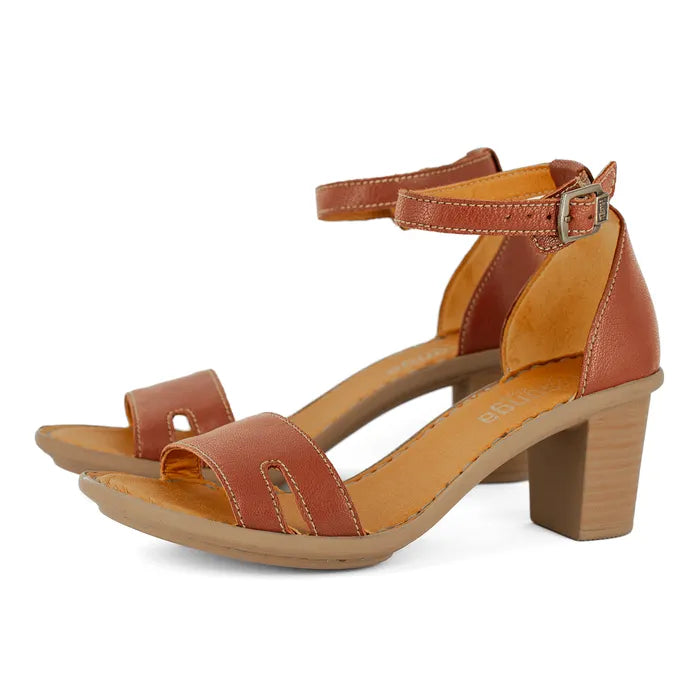 Brown sandal with a block heel on a white background