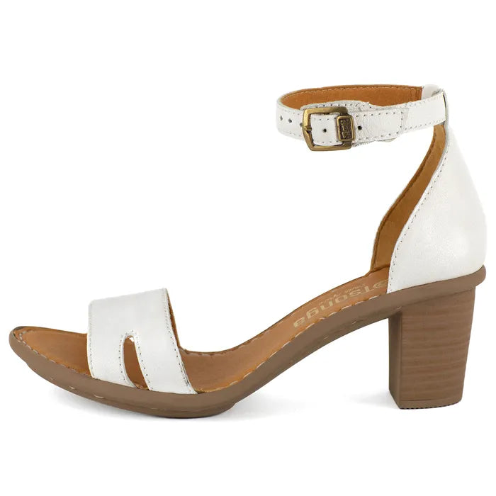 White sandal with brown block heel on a white background