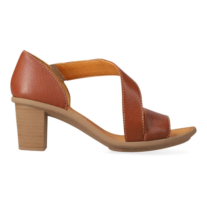 Brown sandal with a beige heel on a white background