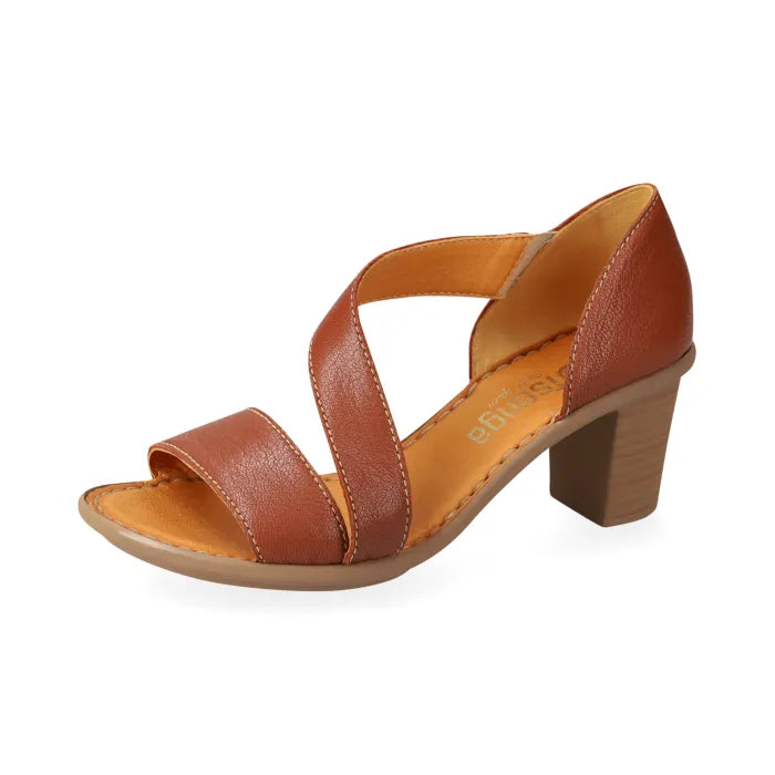 Brown sandal with a beige heel on a white background