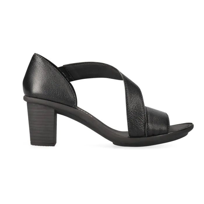 Black sandal with a black heel on a white background