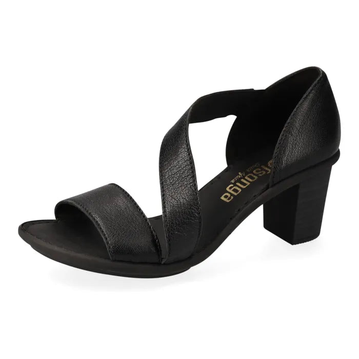 Black sandal with criss-cross straps on a white background