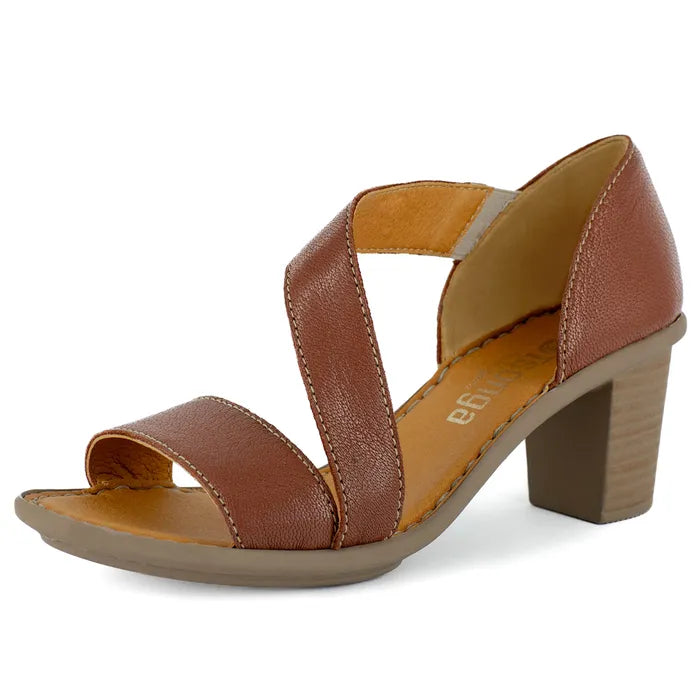 Brown sandal with a block heel on a white background